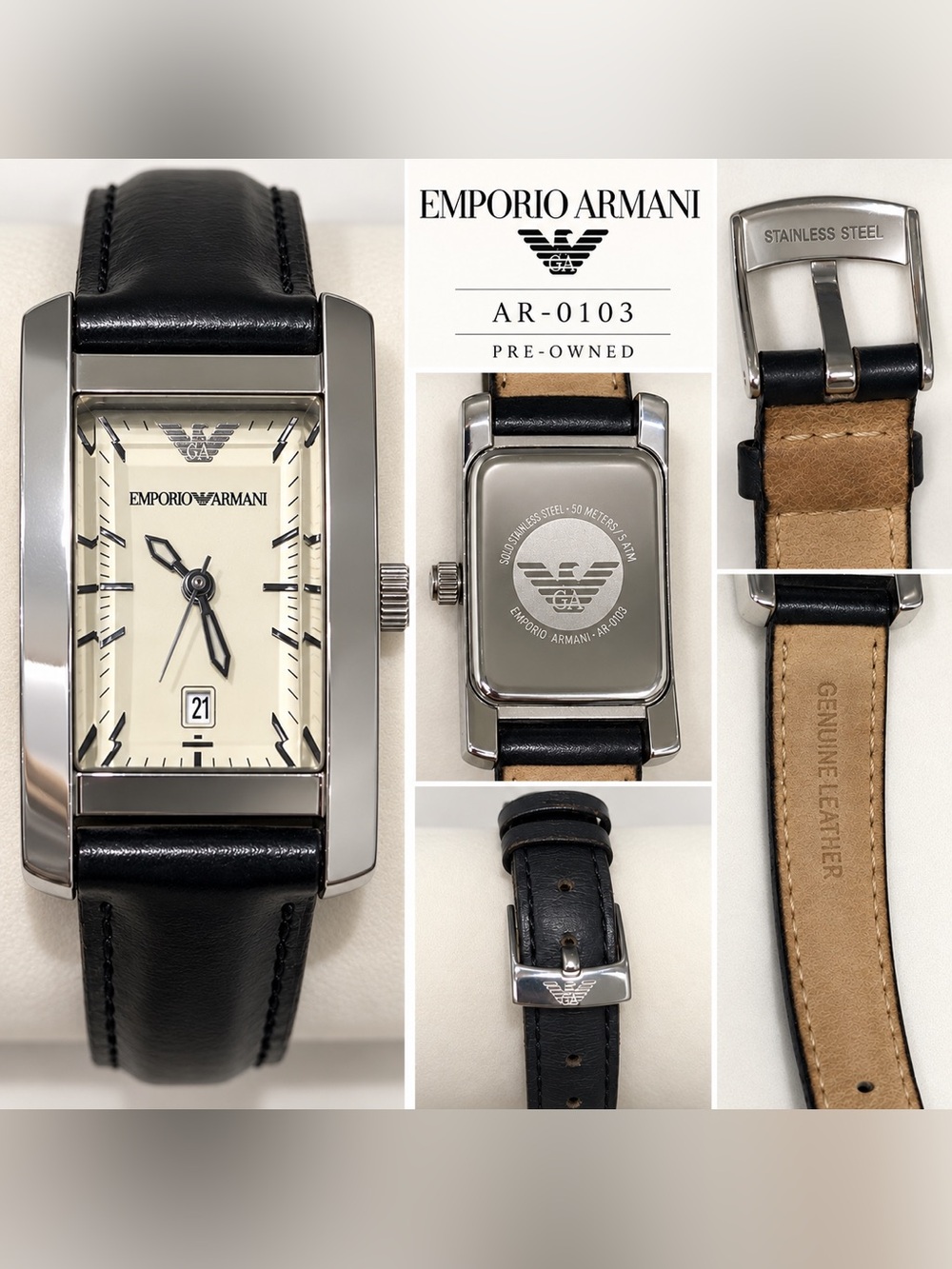Emporio Armani women's Black Leather Strap Watch with Cream Dial- Vintage!